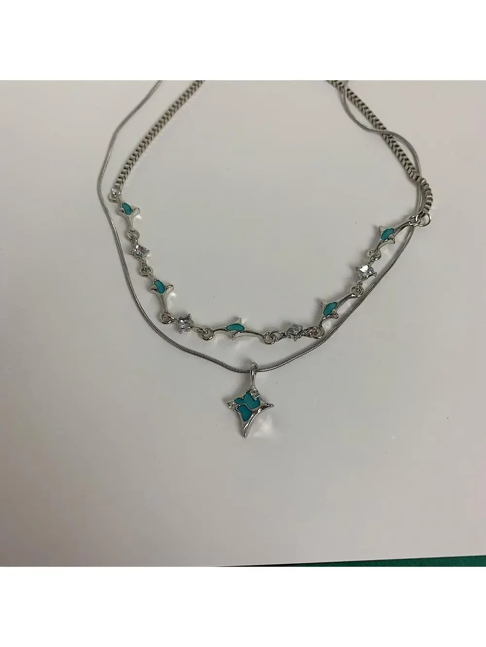 Cyber y2k 2000s style Futuristic Star pendant turquoise silver necklace. 2 neckl